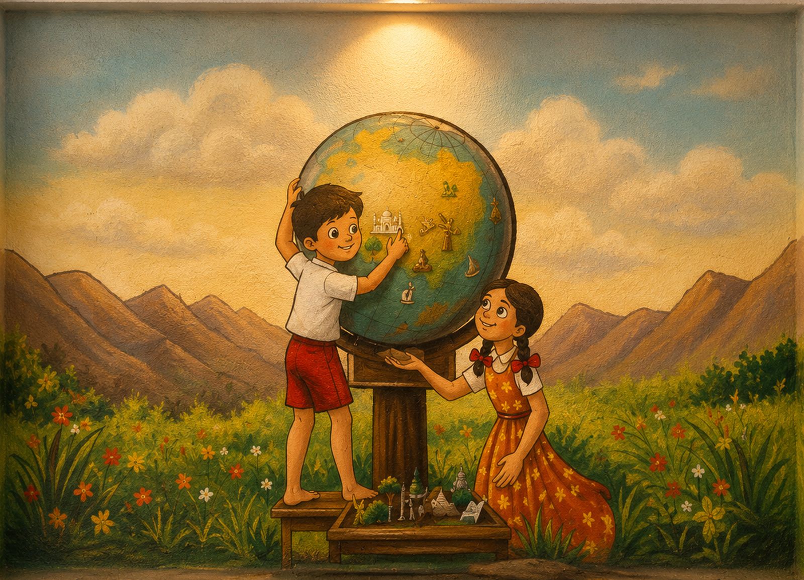 Hand-painted mural of two children turning a globe on a wooden stand
