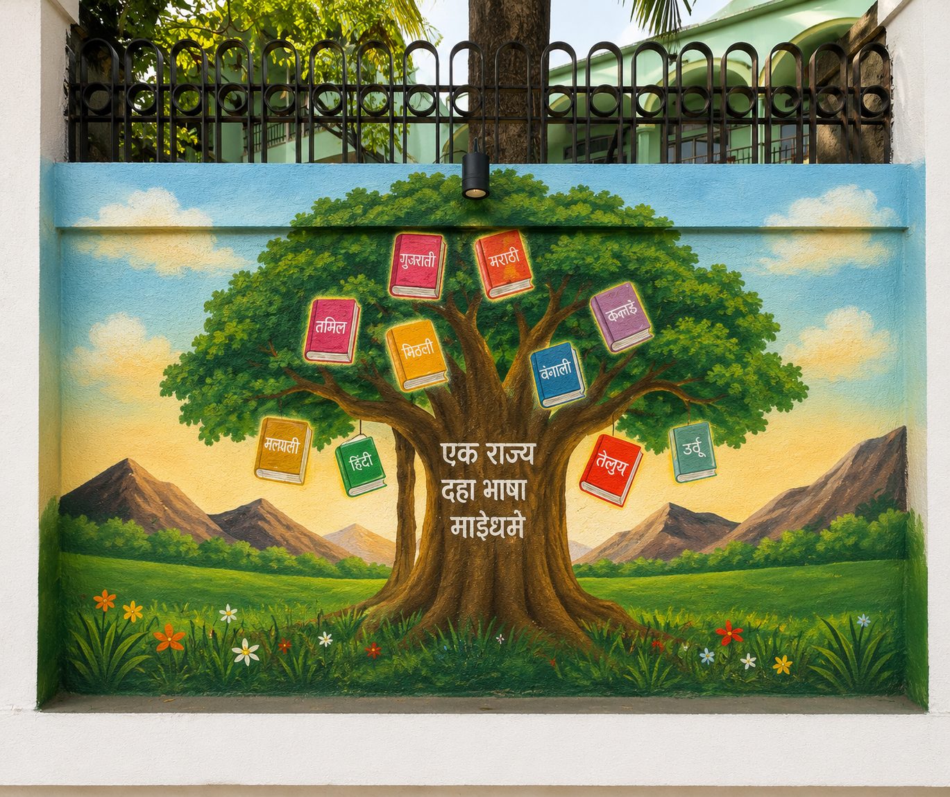 Mural of a broad tree with school textbooks in ten languages hanging from its branches